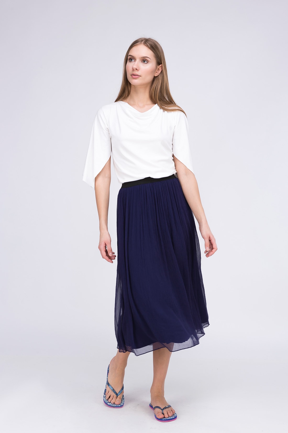 White draped cowl neck three quarter sleeve viscose jersey top for women EPI – Image 2