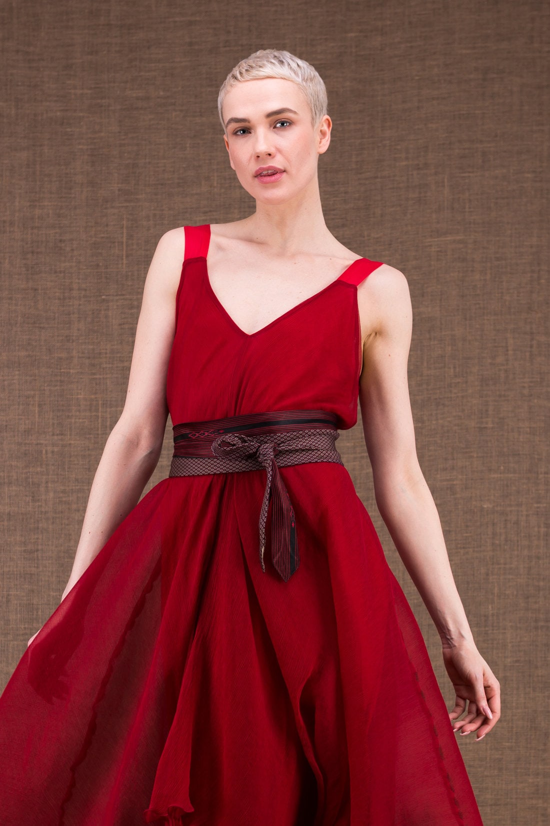 Burgundy and grey fabric belt for women OBI-6