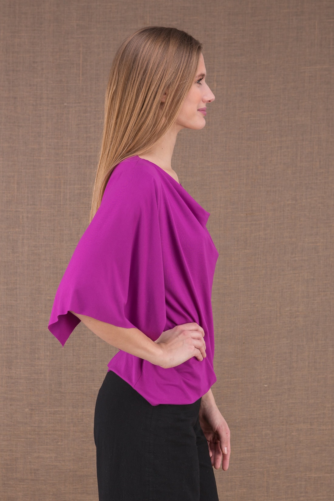 Haut rose col drapé bénitier manches trois quart en jersey de viscose pour femme EPI – Image 2