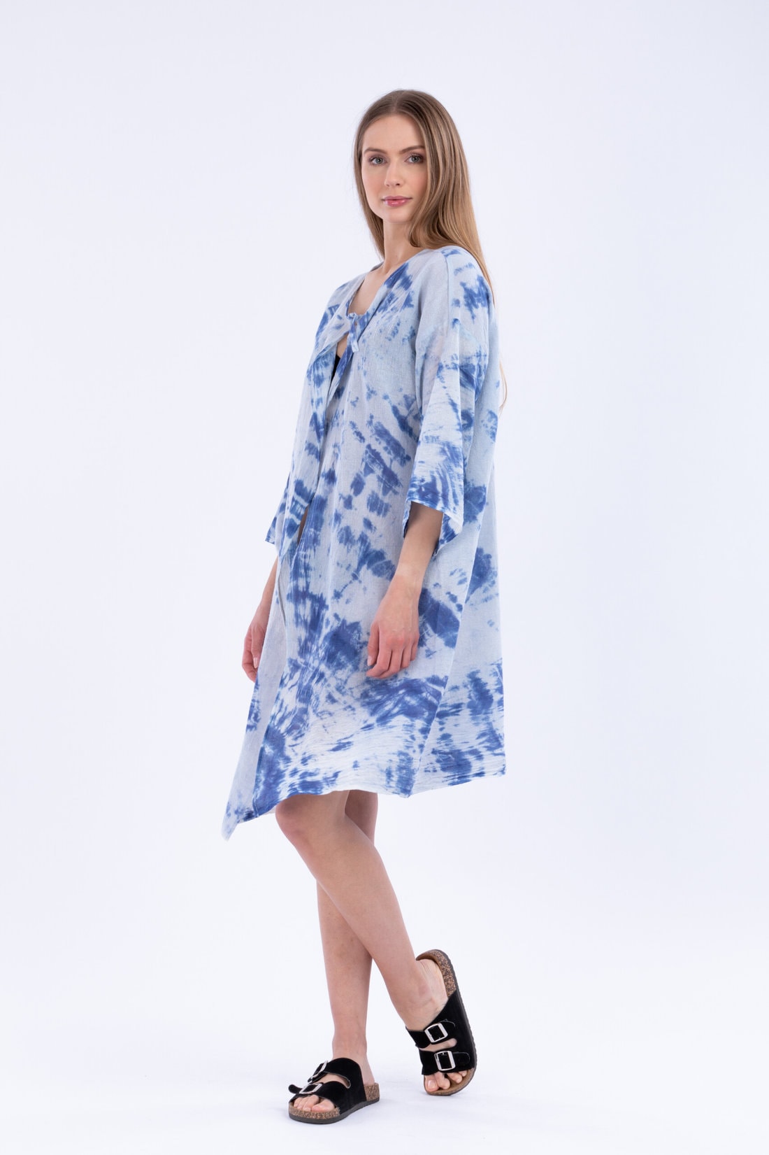 Veste kimono bleu mi-long pour femme en coton bio imprimé SEA