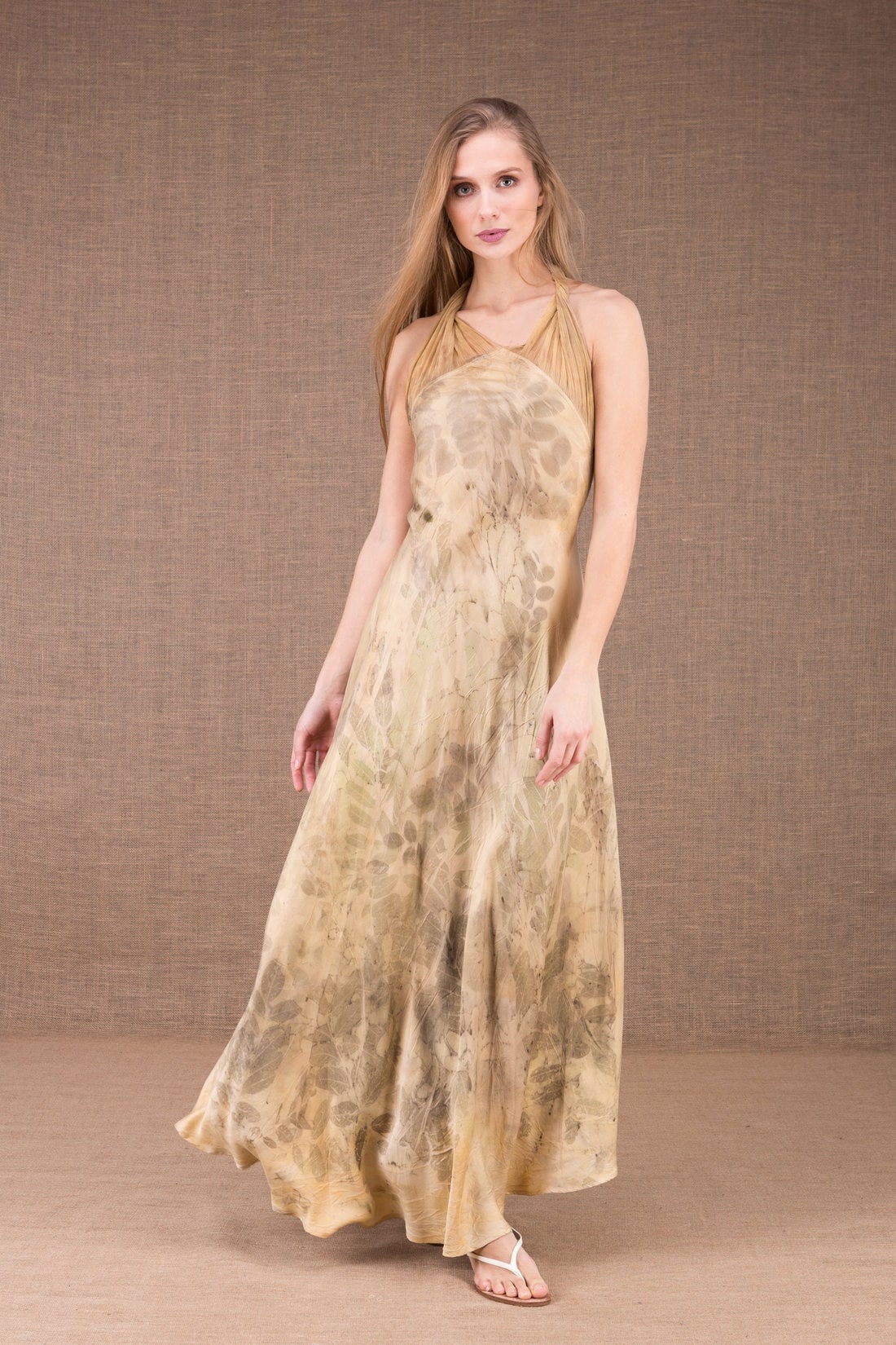 Beige long backless halter printed silk satin dress LOLA – Image 3