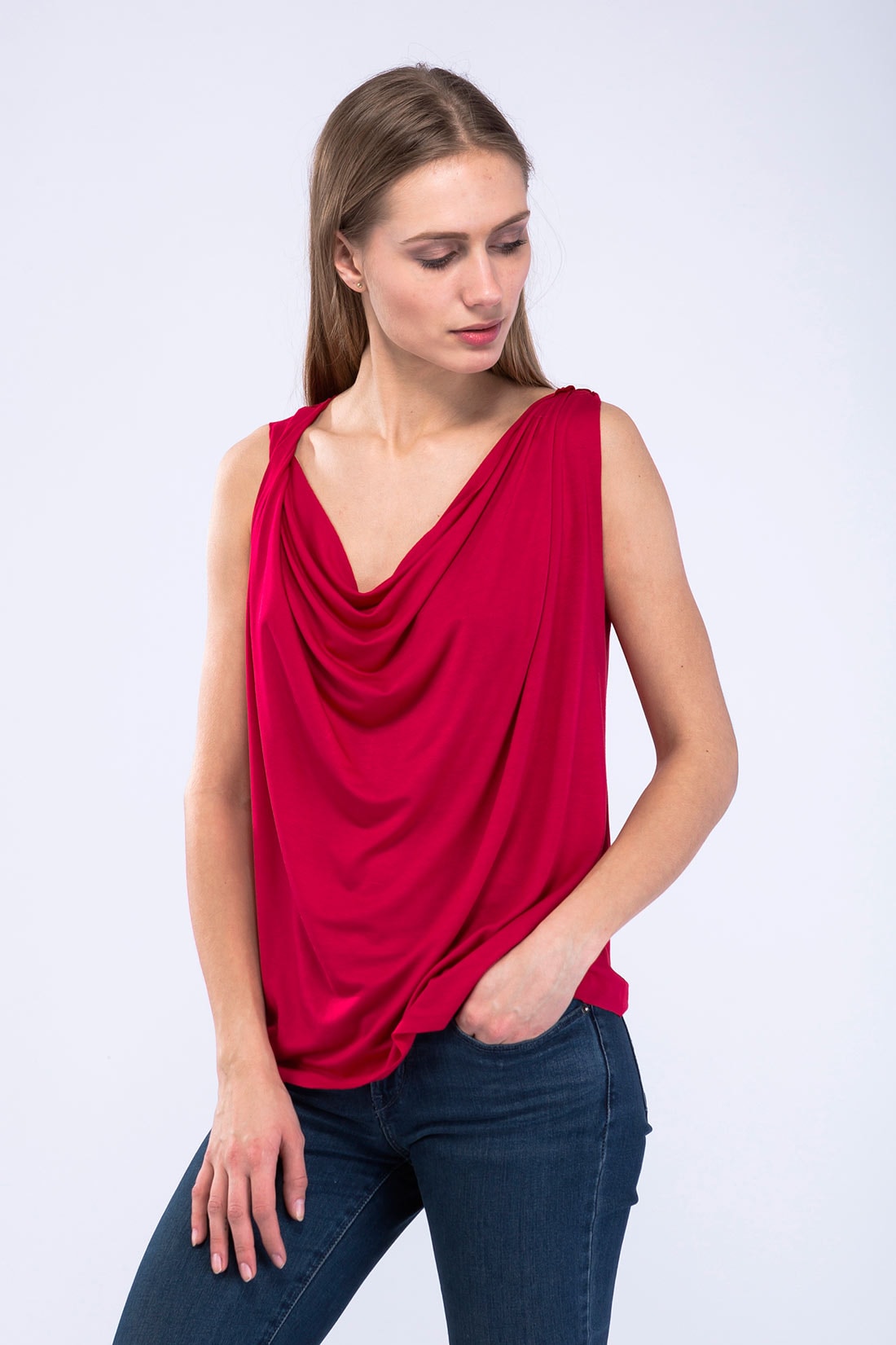 Red draped cowl neck viscose jersey top for women PARISA
