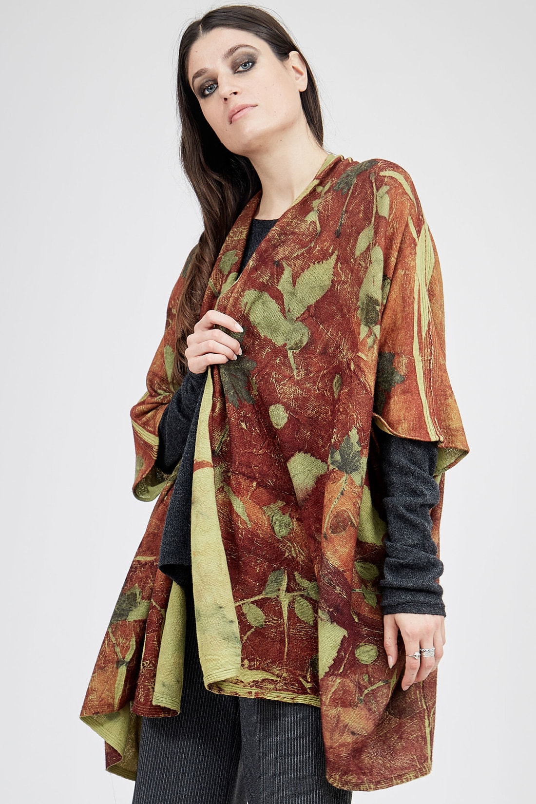 Brown printed wool kimono jacket for woman ISADORA