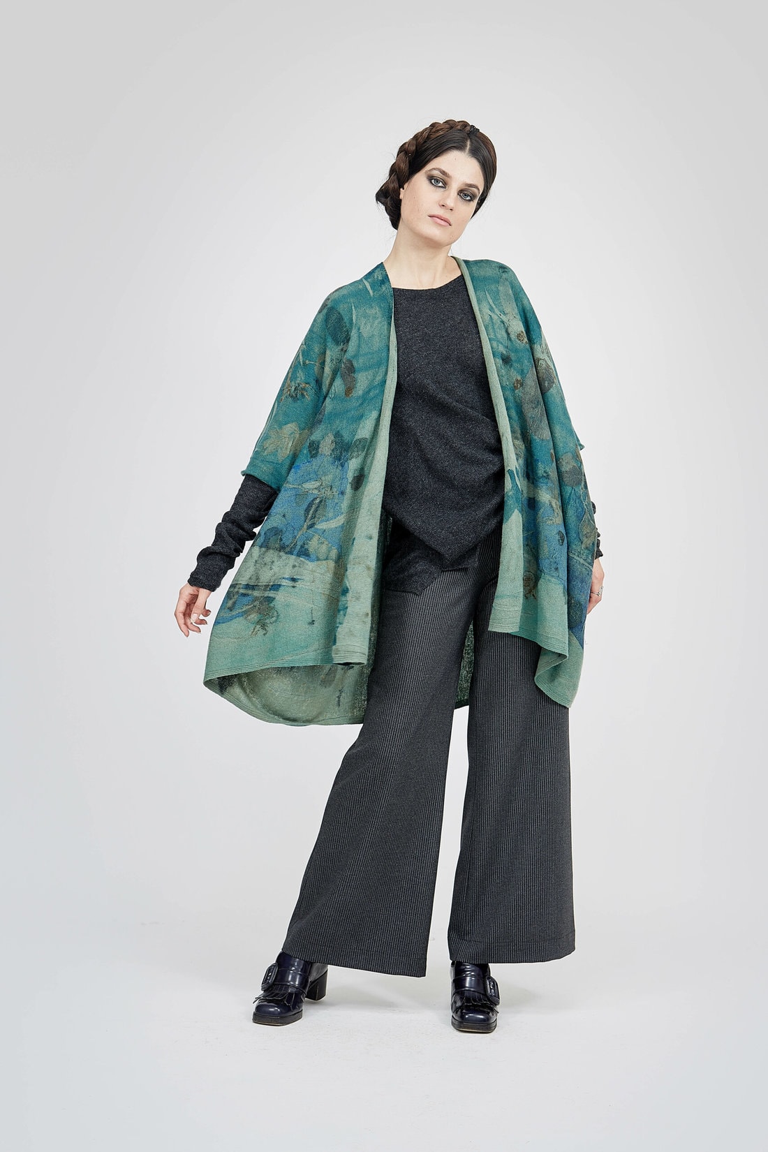 Veste kimono vert pour femme en laine imprimée ISADORA – Image 3
