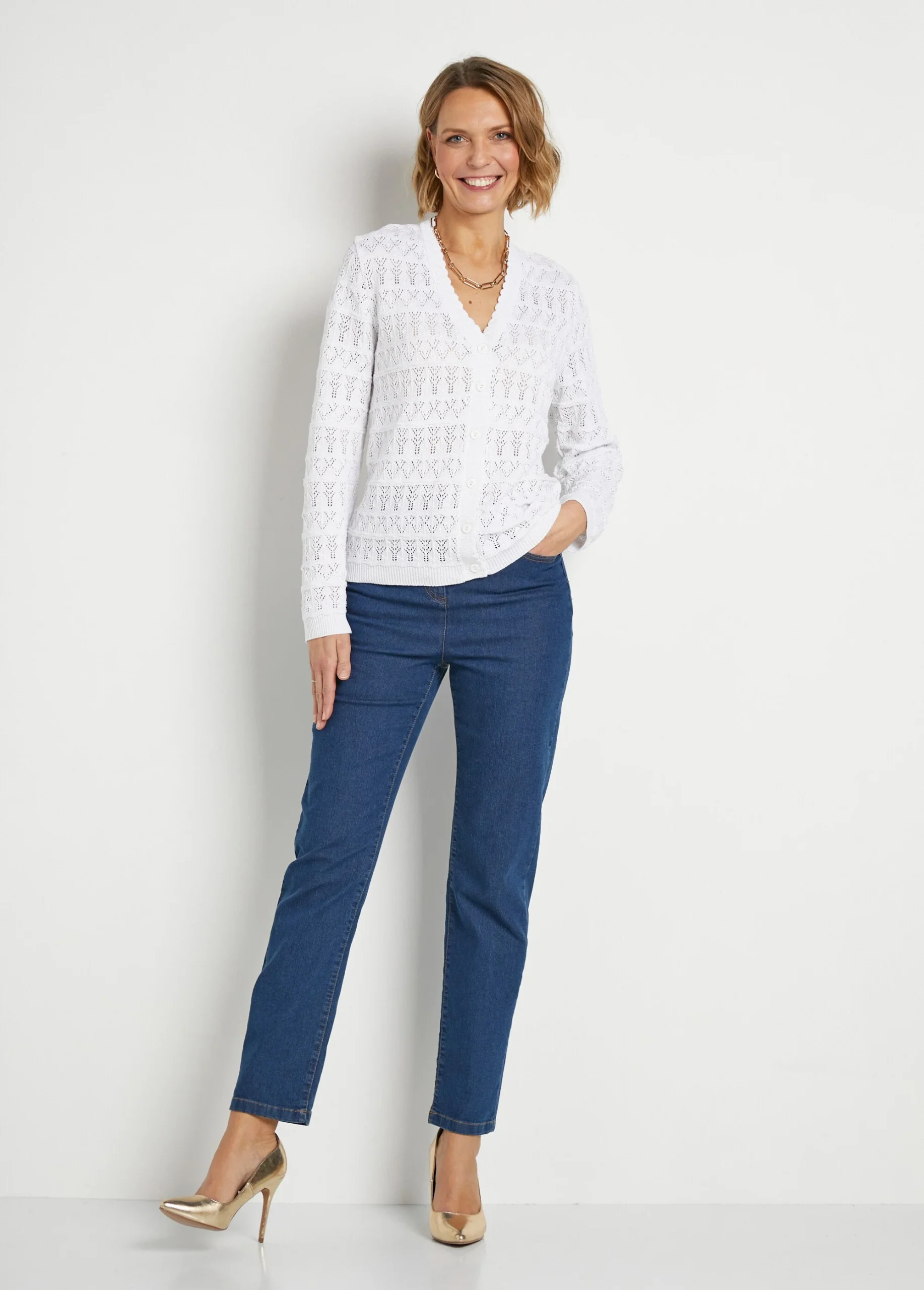 Gilet ajouré col V boutonné coton mélangé – Image 6