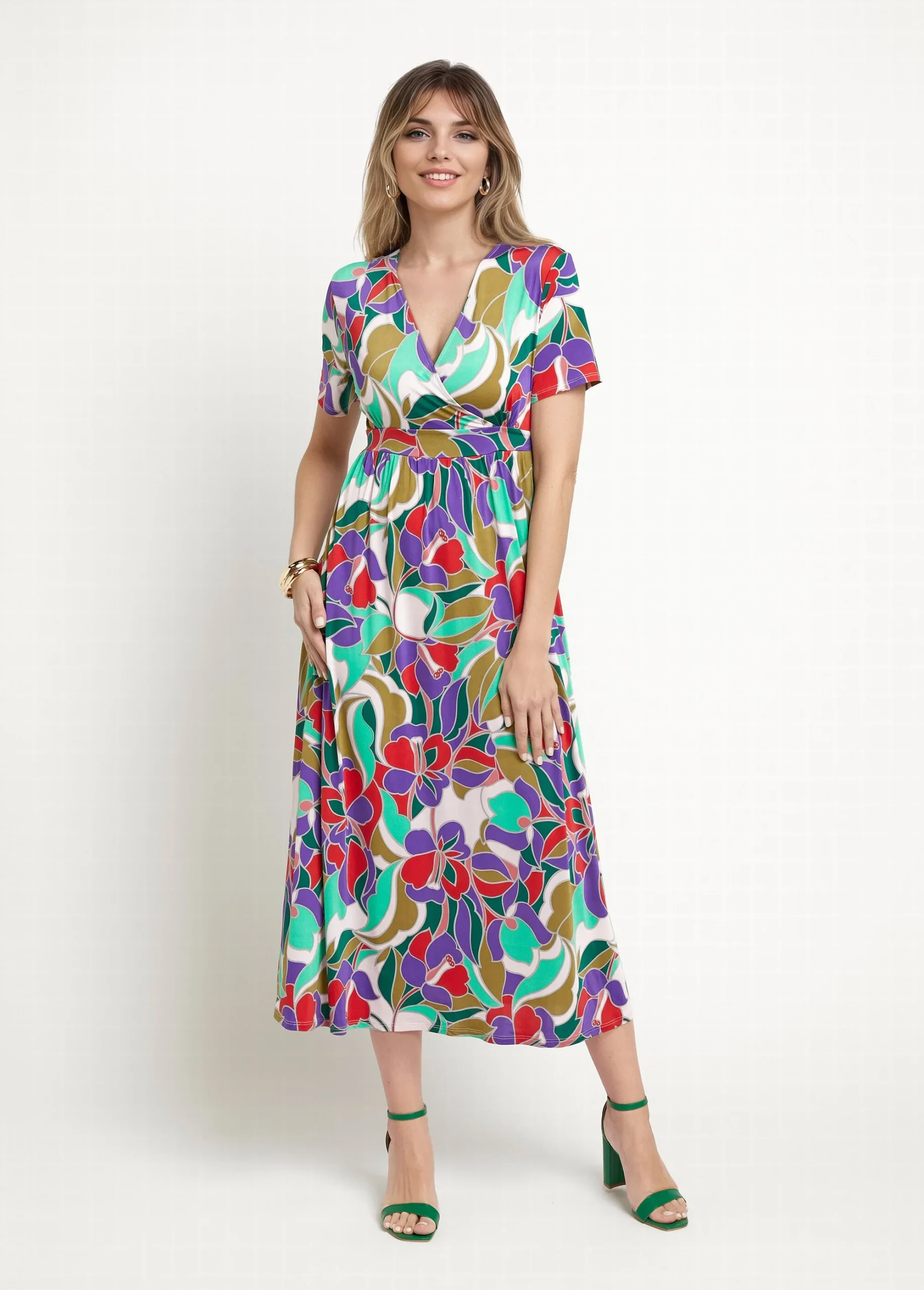 Robe longue manches courtes, fleuri graphique
